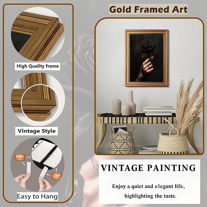 Vintage Gold Framed Wall Art Dark Academia Gothic Black Rose Wall Decor Picture Romantic Victorian Witchy Aesthetic Poster Dark Halloween Print for Gallery Living Room Bedroom Home Decoration 9x11in