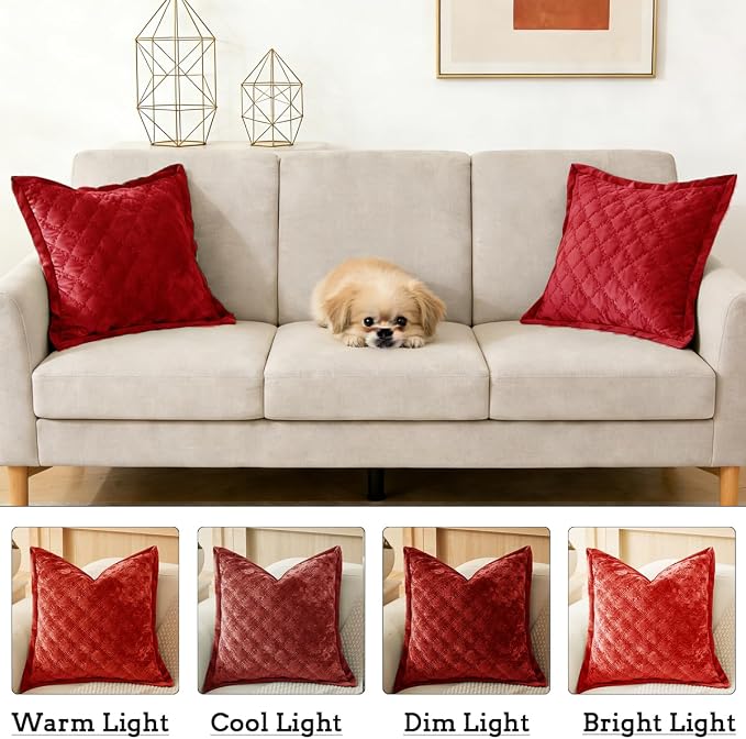 Throw Pillow Cover 18x18 1 Piece Velvet Square Pillowcase Soft Skin-Friendly Cross Process Decorative Farmhouse Cushion Covers for Couch Sofa Bedroom Living Room,Red