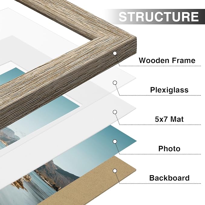 Vittanly 8x10 Picture Frames Set of 9, Wall & Tabletop, Light Wood | Display Pictures 5x7 with Mat or 8x10 without Mat, Small Photo Frames, Engineered Wood with Shatter Resistant Plexiglass