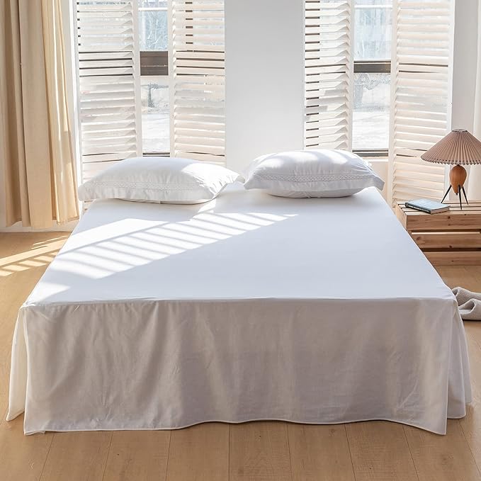 BISELINA French Linen Bed Skirt with Pleated Corner 18-Inch Tailored Drop Natural Flax Cotton Blend Basic Dust Ruffle Soft Cozy Farmhouse Bedding (18" Twin, Basic White)