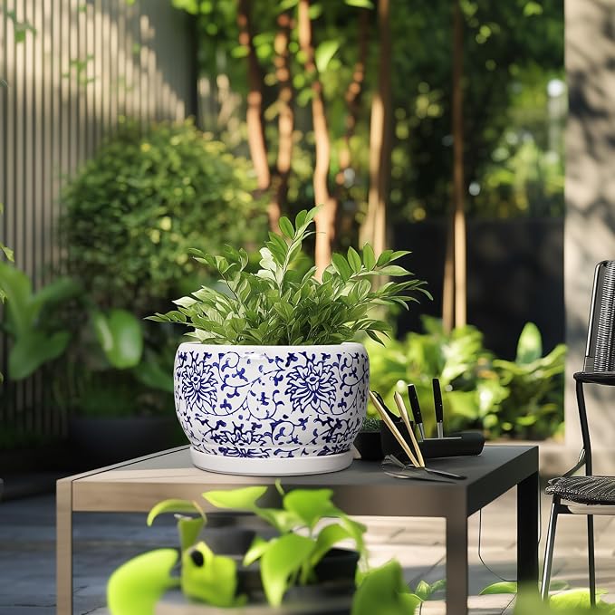 SQOWL Ceramic Pots for Plants - 10 Inch Ceramic Flower Pots with Drainage Hole and Saucer, Round Large Planter Indoor, Decorative Porcelain Planter Outdoor, Home Decor, Birthday Gifts, Blue and White