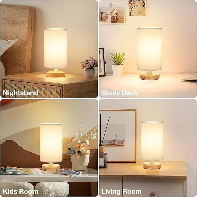 Fenmzee Small Table Lamps (White Shade - Wood Base, 9" Inline Control)