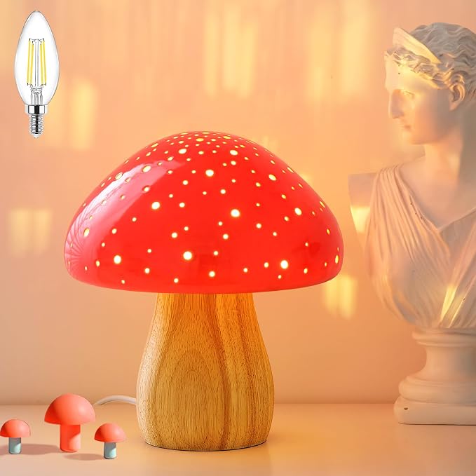 BOHON Mushroom Lamp Ceramic Bedside Table Lamp, Red