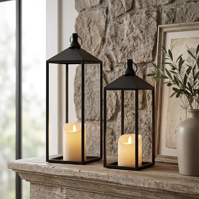 Lanterns Decorative Outdoor Indoor, 17" 13" Set of 2 Black Candle Lanterns | No Glass Metal Outdoor Lantern for Porch, Patio, Mantel, Fireplace, Home Decor, Modern Farmhouse Lantern Decor