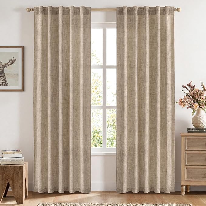 MIULEE Faux Linen Curtains Panels Semi Sheer Curtain with Back Tab Rod Pocket, Light Filtering Window Privacy Burlap Drapes for Living Room Bedroom Copper Brown 42" W x 84" L (Pack of 2)