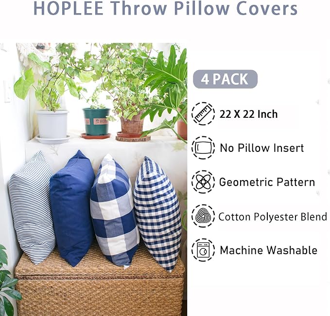 HOPLEE 22x22 Pillow Cover Navy Blue Decorative Pillow Cover with Buffalo Plaid, Solid Navy Blue, Tricking Stripe and Gingham Plaid Design 22x22 Inches Set of 4