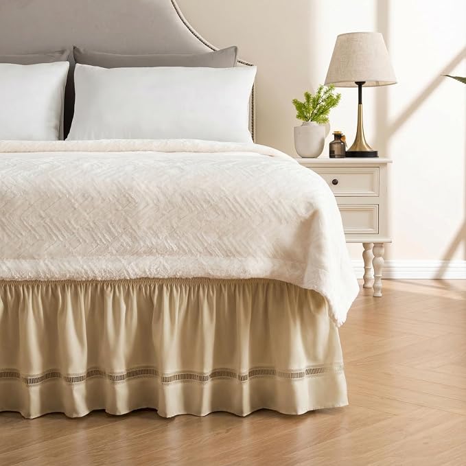 MIYE Wrap Around Ruffled Lace Bed Skirt, Elastic Dust Ruffle with Adjustable Belts, Easy to Put On, Bed Frame Cover, Machine Washable (Ruffled Lace/Beige, King/Queen-18 Drop)