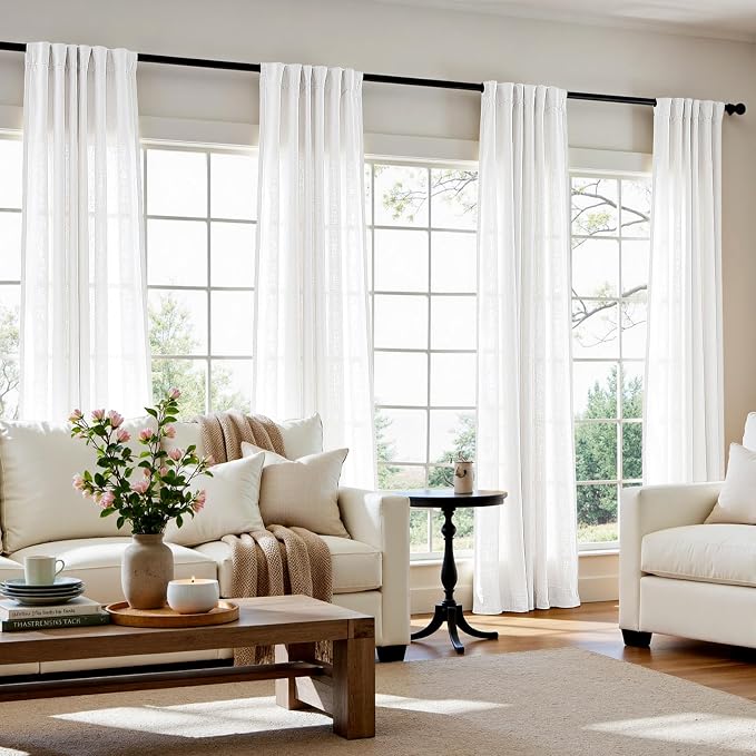 jinchan Linen Curtains Light Filtering Back Tab 50x96 Inch 2 Panels White | Semi Sheer Curtains 96 inch length for Bedroom Living Room, Modern Farmhouse Drapes with Rod Pocket, Natural Boho Curtains