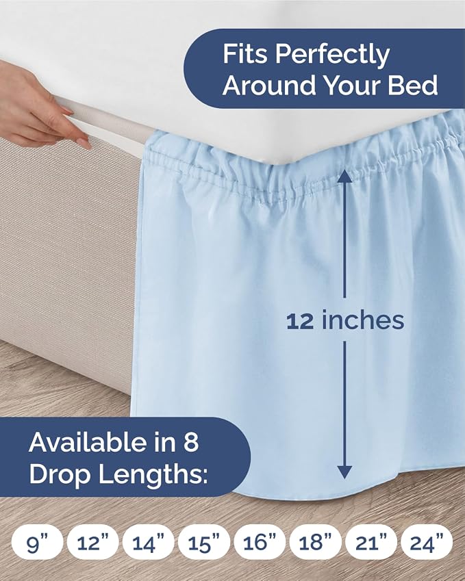 Wrap Around Dust Ruffle Bed Skirt, Queen Size Beds - 12 Inch Drop, Sky Blue | Easy Fit Elastic Strap, Adjustable Pleated Bedskirt w/Brushed Fabric, Wrinkle & Fade Free, for Women, Men, Kids & Teens