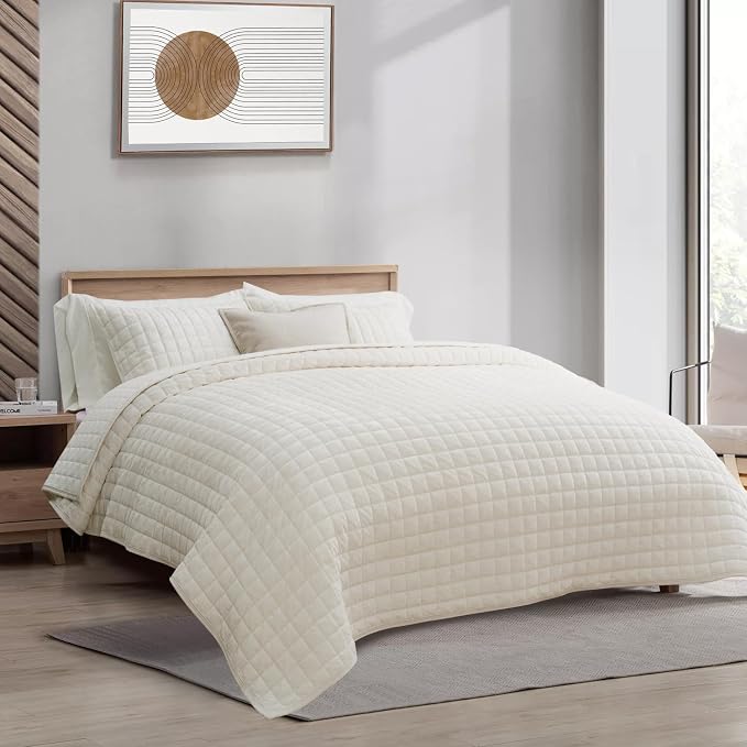 RECYCO Channel Box Stitch Velvet Quilt Set, Twin/Twin XL Size, Cream White | Ultra Soft Lightweight Velvet Comforter, Luxury Oversized Bedspread Coverlet, Quilted Bedding Set for All Season with 1 Sham