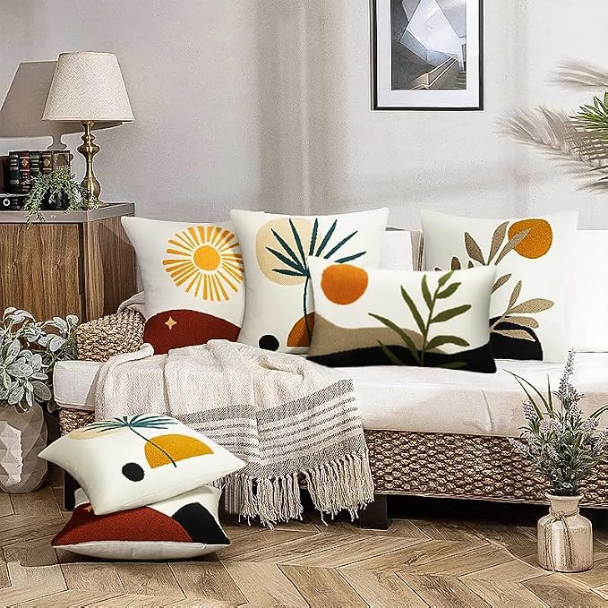 Merrycolor Boho Lumbar Throw Pillow Covers 12x20 Tufted Abstract Mid Century Modern Pillowcases Bohemian Aesthetic Decorative Pillows for Couch Bed Sofa Living Room (1PC,Green and Black)