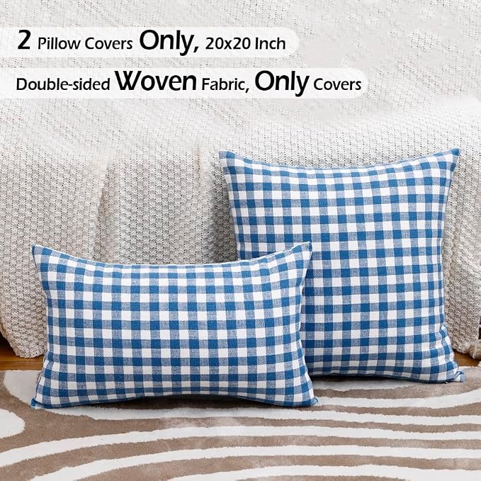 Coastal Decor Light Blue Gingham Plaid Decorative Pillow Covers 20x20 | Set of 2 Blue Pillow Covers 20 x 20, Vintage Farmhouse Cottage Core Decor for Couch Bed, Fundas Para Cojines De Sala Navidad
