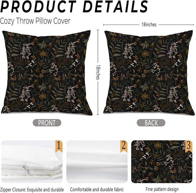 Vintage Moody Floral Pillow Covers 18x18, Dark Cottagecore Room Decor, Retro Dark Academia Wildflower Plant Botanical Decorative Throw Pillow Covers for Home Bedroom Living Room
