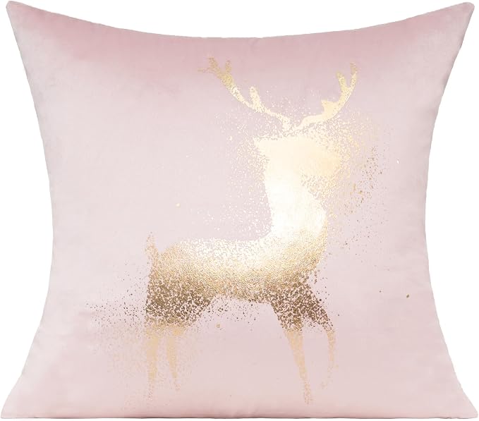 All Smiles Christmas Decorations Throw Pillow Covers Cases 16X16 Set of 4 Winter Xmas Indoor Home Holiday Décor Ornaments Velvet Navidad Cushion for Sofa Tree Snowflake Reindeer，Pink Gold
