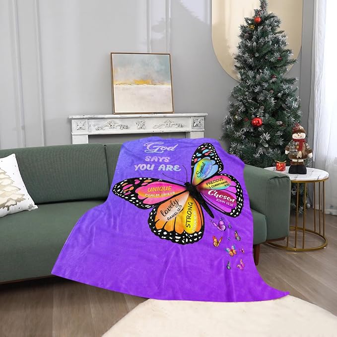 TURMTF Purple Butterfly Throw Blanket, Inspirational Christian Gifts for Women Wife Friend Daughter, Plush Fleece for All Seasons Couch Bed Home Decor