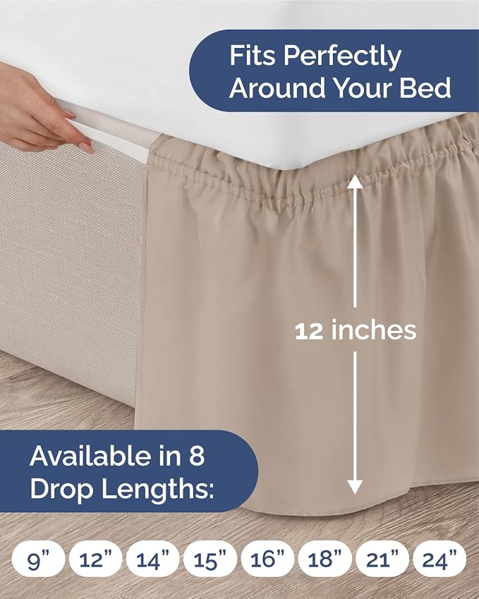 Wrap Around Dust Ruffle Bed Skirt, King Size Beds - 12 Inch Drop, Wheat | Easy Fit Elastic Strap, Adjustable Pleated Bedskirt w/Brushed Fabric, Wrinkle & Fade Free, for Women, Men, Kids & Teens