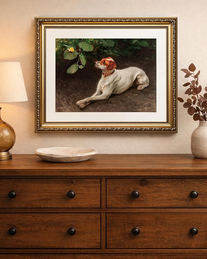 WHASAYART Vintage Gold Framed Butterfly and Dog Canvas Wall Art 13x16 Inch | Natural Farmhouse Dog Atmosphere Canvas Painting, Classic Cottagecore Animal for Living Room Bedroom Home Wall Decor