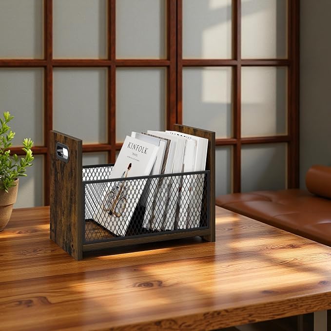 Large Magazine Rack Floor Set of 2, Vinyl Record Storage, Magazine File Holder Storage Basket for Letters, Books, Newspapers, Desktop and Home Office, 15.35" L x 8.7" W x 11.8" H