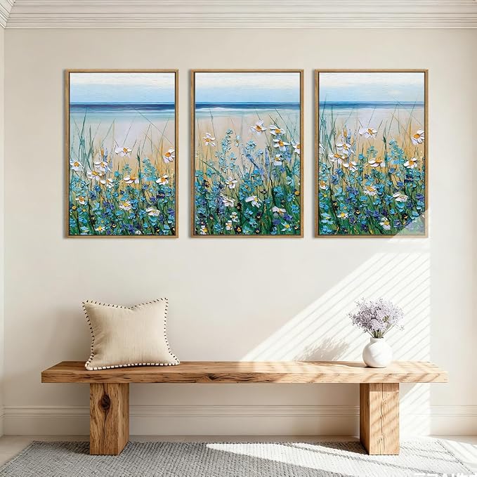 Extra Large Blue Floral Wall Art Framed Artwork for Living Room Bedroom Bathroom Blue Flowers Bloom Painting by The Seaside 24x36 Inches Set of 3