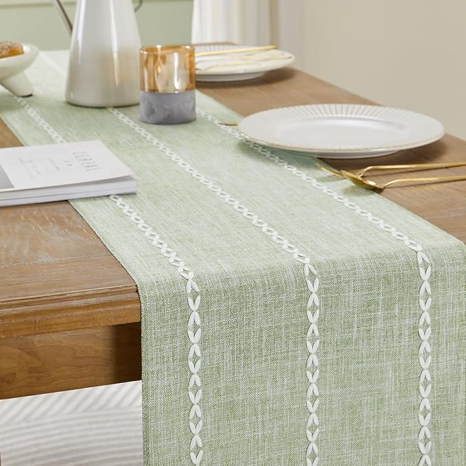 Wracra Rustic Linen Table Runner, Sage Green Table Runners 48 inches Long | Raised Embroidered Design and Hand-Tassels;Cotton Linen Woven Fabric; Farmhouse Table Runner;Home Kitchen Dining Decor