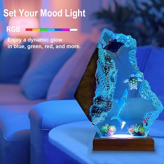Handmade Shark Resin Ocean Lamp with Woodden Base