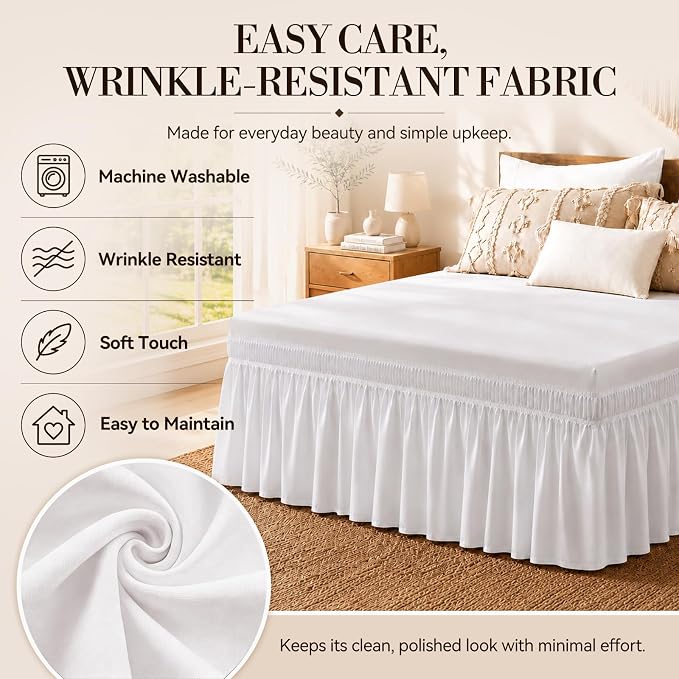 Vocander White Full Bed Skirt 16 Inch Drop, Elastic Wrap Dust Ruffle | Hides Underbed Storage, No Mattress Lifting, Elastic Stays Put, Soft Fabric, Machine Washable, Polished Look