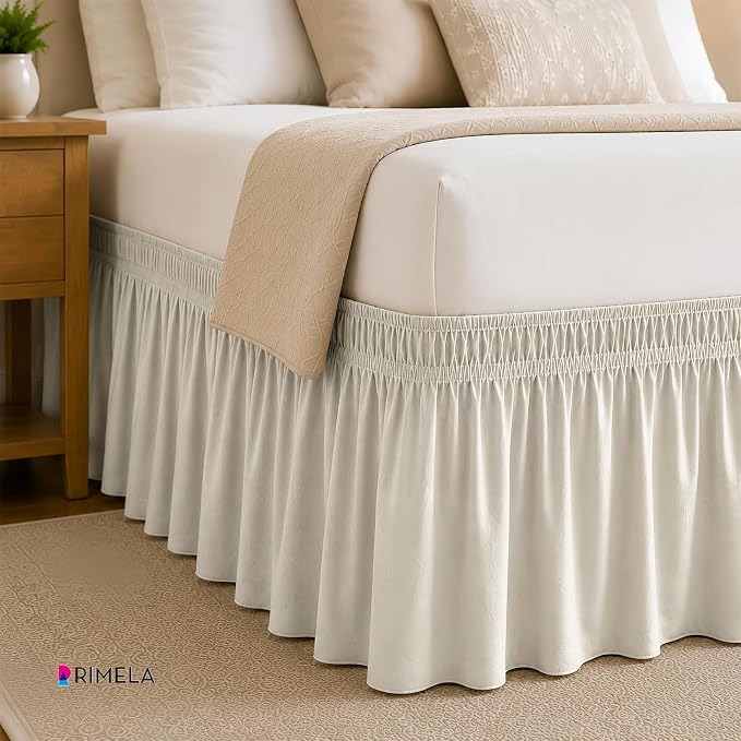 RIMELA Ivory Bed Skirt Queen Size 15 Inch Drop, Elastic Bed Skirting for Bed Base and Frame, Bedding Dust Ruffle Easy to Install, Lightweight Wrap Around Adjustable Bedskirt | Solid Ruffled, Easy to Use, No Mattress Lifting, Wrinkle & Fade Resistant, w...