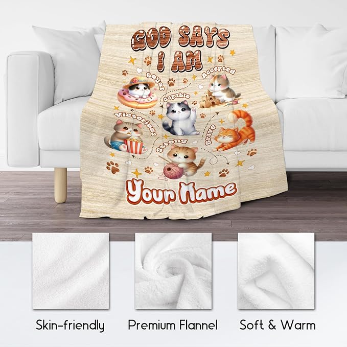 Personalized Cat Blankets with Name, Cat Themed Gifts for Girls Cat Lovers, Animal Print Blanket with Cats on It, God Says I Am Blanket for Kids Daughter Son, Fleece Throw Blankets for Chair, 30"x40"
