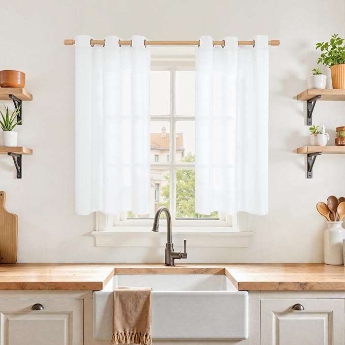 YoungsTex White Linen Curtains 34 X 40 Inch Length for Kitchen Window | Small Semi Sheer Drapes Light Filtering with Bronze Grommet for Cafe Bathroom Short Window, 2 Panels