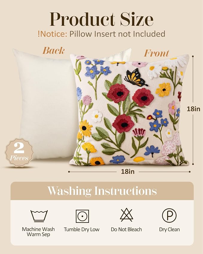 Embroidered Throw Pillow Covers 18x18 Inch, 2Pack, Retro Flower | Decorative Pillow Covers Set of 2, Vintage Cushion Cases with Hidden Zipper, Boho Decor for Couch, Sofa, Living Room