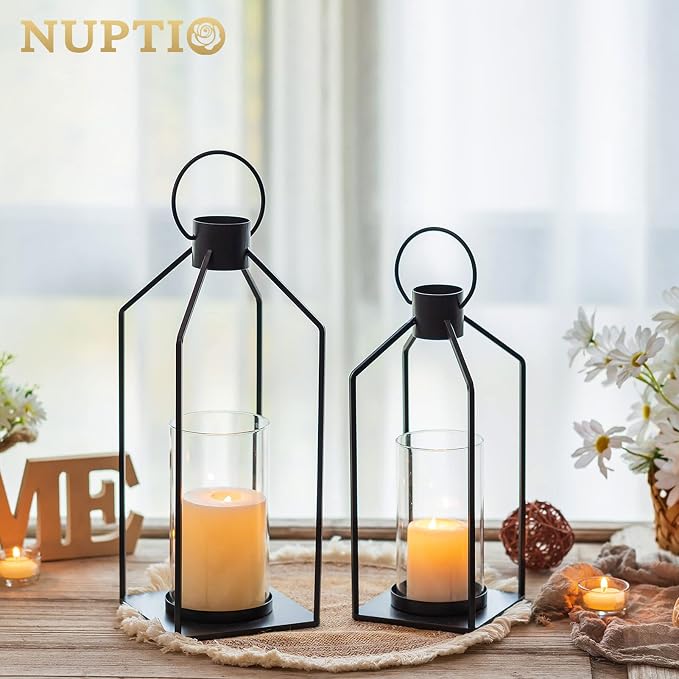 NUPTIO Decorative Lantern Candle Holder: Black Lantern with Hurricane Glass | Hanging Lanterns Decor 2 Pcs for Outdoor, Farmhouse Pillar Stand for Halloween Christmas Wedding Home Fireplace