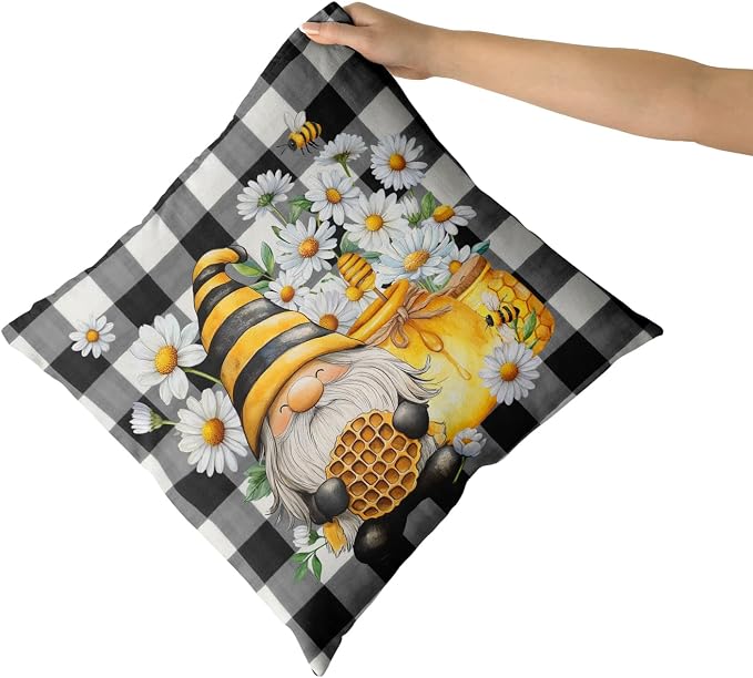 Giwawa 2PCs Bee Gnomes Pillow Covers 20"x20" Spring Daisy Summer Honey Elf Square Pillowcases Black White Buffalo Plaids Cotton Throw Cushion Covers for Sofa Couch Patio Porch Decor