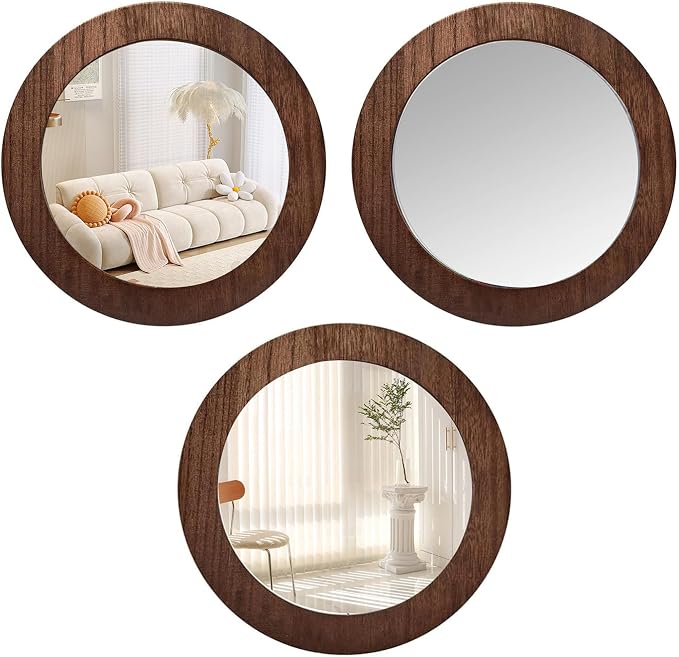 3 PCS Wood Wall Acrylic Mirrors Decor, 8'' Round Rustic Farmhouse Mirror | Natural Wood Shatterproof Acrylic Decorative Mirror for Living Room, Bathroom, Bedroom and Entryway (Not Real Glass)