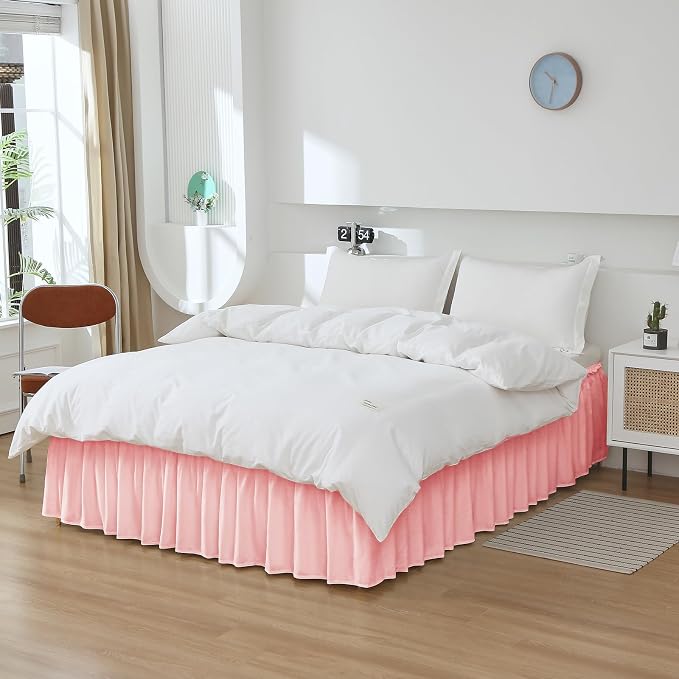 MEILA Wrap Around Elastic Bed Skirt for Queen & King Beds, 16" Drop, Pink | Three-Side Adjustable Elastic Dust Ruffle, Ruffled Polyester Fabric, Easy to Install, Fade Resistant & Machine Washable