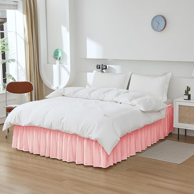 MEILA Wrap Around Elastic Bed Skirt for Twin & Full Beds, 14" Drop, Pink | Three-Side Adjustable Elastic Dust Ruffle, Ruffled Polyester Fabric, Easy to Install, Fade Resistant & Machine Washable