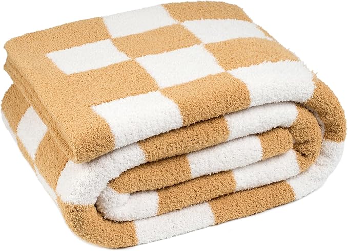 Carriediosa Checkered Throw Blanket 50x60, 400GSM Ultra Soft Microfiber | Tan Brown, Fuzzy Fluffy Cozy Plush Knit Knitted Plaid Checker, Lightweight Cute Preppy Fall Blankets & Throws for Couch, Bed