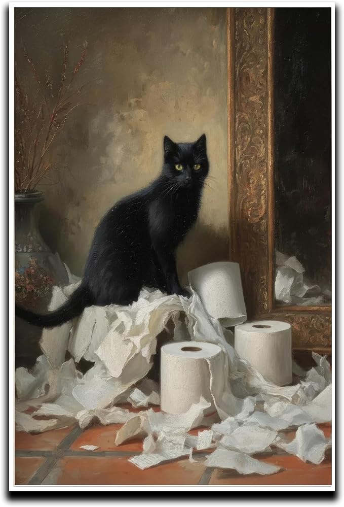 YUECOSHMAO Vintage Black Cat Holding Toilet Paper Roll Bathroom Wall Art Vintage Animal Oil Painting Interesting Pet Murals Animal Painting Bathroom Pictures Wall Decor 16X24 Inch Unframed