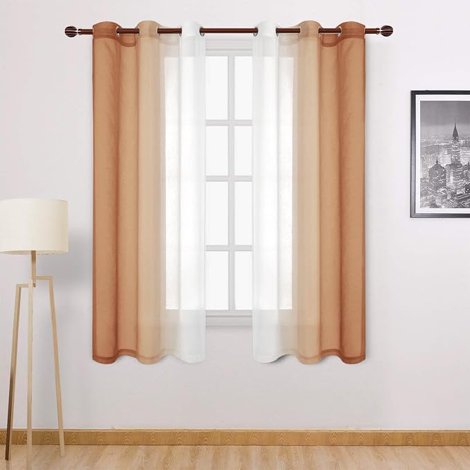 DWCN Autumn Faux Linen Ombre Sheer Curtains - Gradient Semi Voile Curtains for Bedroom and Living Room, Set of 2 Grommet Top Window Curtain Panels, 42 x 63 Inches Long, Burnt Ochre