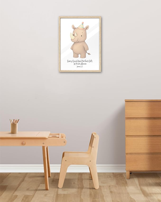 KensTro 12x16 Oak Framed James 1:17 Scripture Wall Art | Natural Oak Wood Framed Scripture Print with Rhino Illustration for Bedroom, Hallway, Office and Living Space