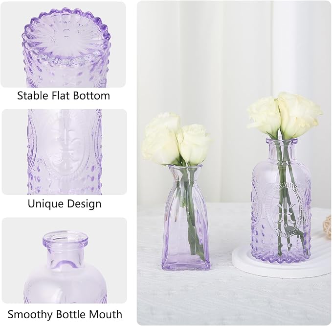 RUCKAE Glass Bud Vases Mini Flower Vase Small Vintage Vases for Centerpiece Table Wedding Decorations Home Decor Party(Purple 32pack)