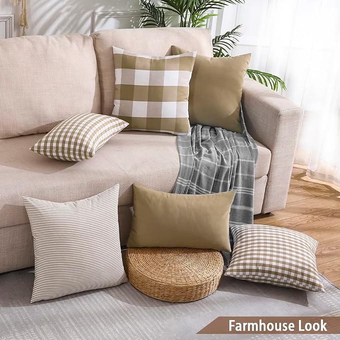 CARRIE HOME Modern Farmhouse Decor Brown Buffalo Plaid 20x20 Pillow Covers Set of 4, 20 x 20 Brown Throw Pillow Cover, Khaki Buffalo Check Decorative Cushion Pillows for Bedroom and Living Room