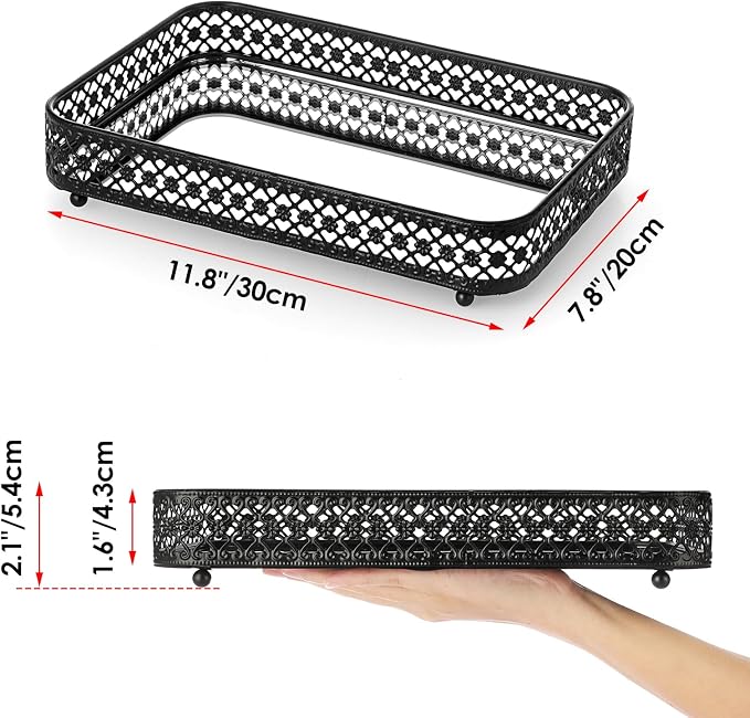 ELLDOO Black Mirror Glass Perfume & Makeup Vanity Tray, Medium Size