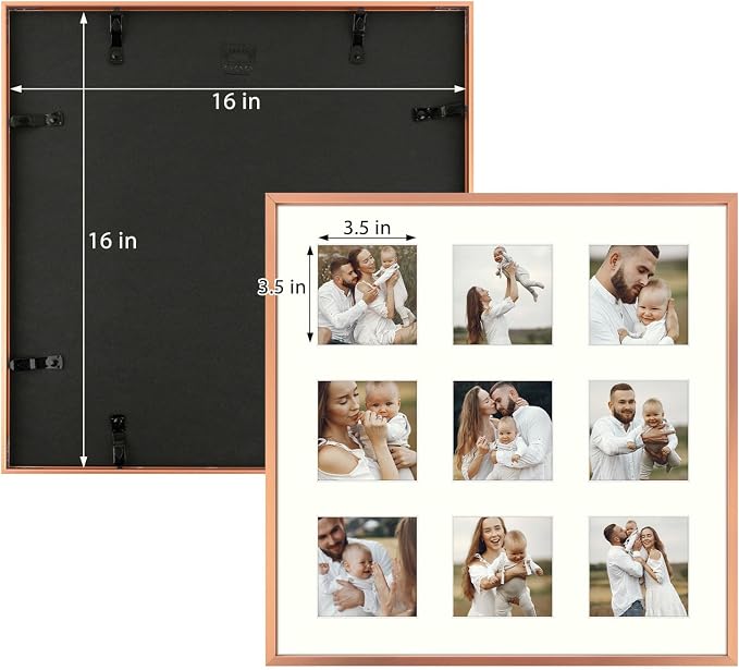 Golden State Art 16x16 Collage Frame for 9 4x4 Photos Rose Gold 2 Pack