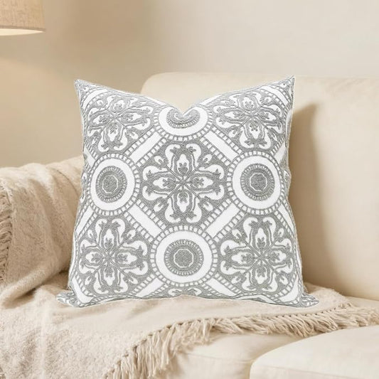 Slow Cow Embroidery Decorative Throw Pillow Cover Cushion Cover for Couch Sofa 18 x 18 Inches Canvas Embroidery Grey