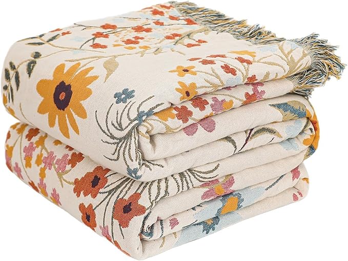 MSGKV Boho Throw Blanket 50"x60" 100% Cotton Floral Chair Blanket for Couch | 100 Cotton Throw, Floral Garden Design, Muslin Blanket, Summer Breathable, Farmhouse Home Decor, All Season, Machine Washable