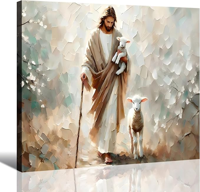 RIBNTAK Jesus and Sheep Christian Wall Art 16x24, Cozy Religion Canvas Prints Picture Posters for Bedroom Wall Decor Artwork Painting for Living Room,Bathroom, Office Classic Home Decor