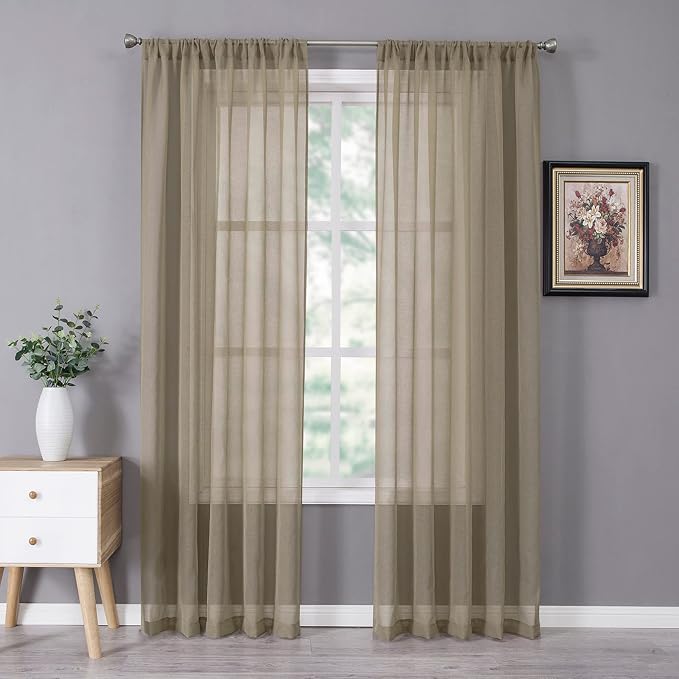 Tollpiz Sheer Curtains Linen Textured Bedroom Curtain Sheers Light Filtering Rod Pocket Voile Curtains for Living Room, 54 x 84 inches Long, Taos Taupe, Set of 2 Panels