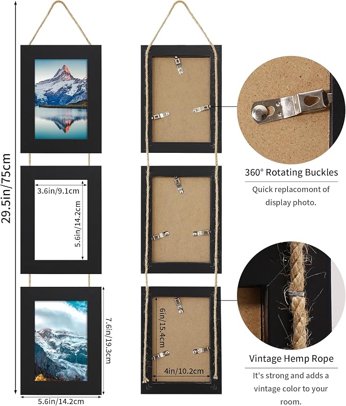 4x6 Collage Picture Frames Set of 2, Rustic Wooden Real Glass Vertical Hanging 3 Opening 4 by 6 Photo Frame, Black