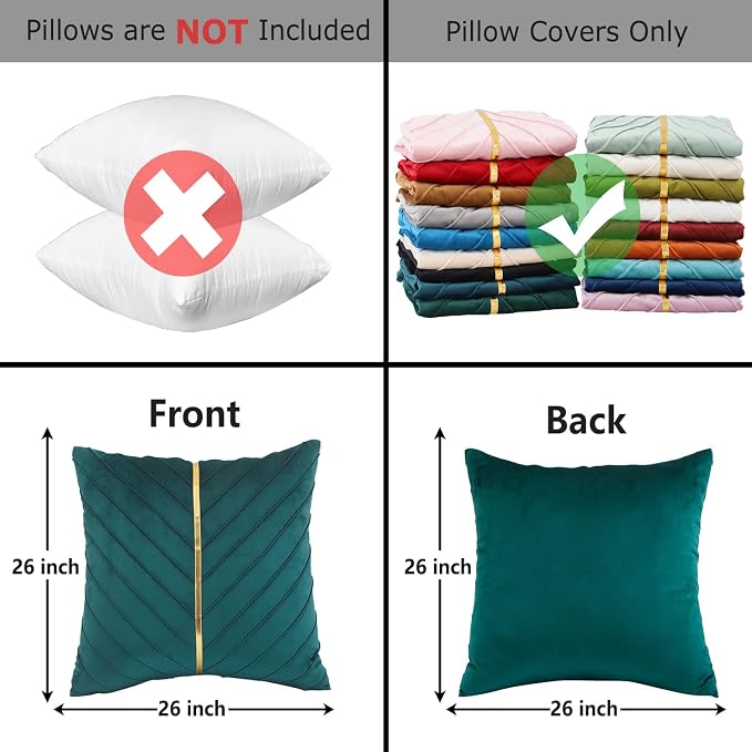 Velvet Throw Pillow Covers 26x26 Pack of 2 Gold Decor Peacock Blue