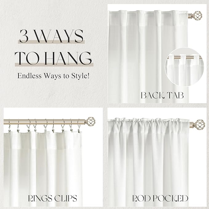 Jowels Ivory Linen Curtains 96 Inch Long 2 Panels for Living Room | White Light Filtering Semi Sheer Curtain,Back Tab Pocket Pleated Look,Farmhouse Textured Privacy Drapes for Bedroom Window